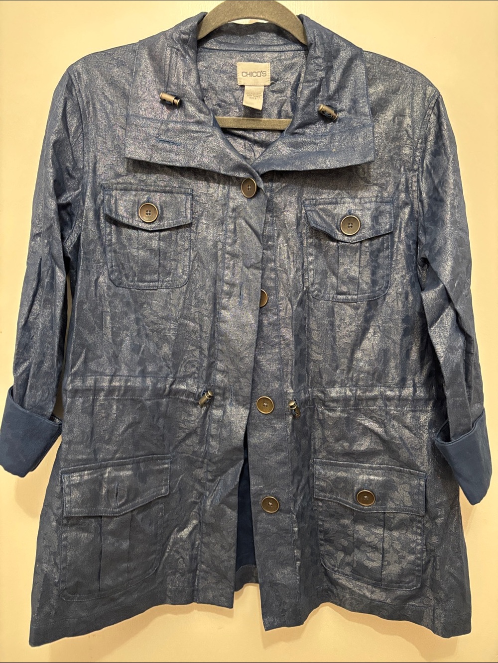 Chico's Shimmering Denim-Blue Utility Jacket Sz 1 (6-8)